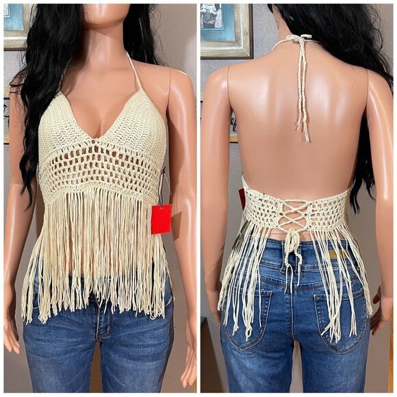 Forever 21 Tops - *LAST ONE* NWT F21 ivory crochet fringe festival halter top